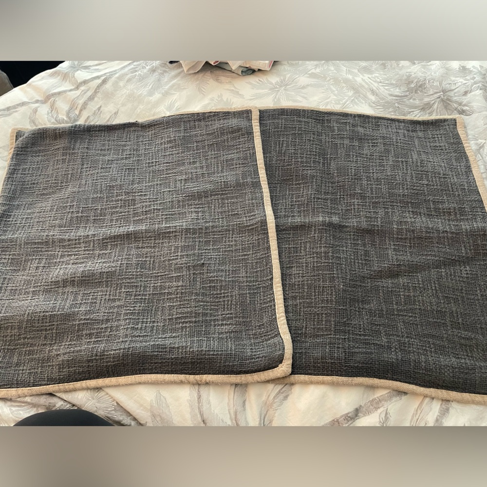 Pottery Barn Set of 2 20” square charcoal with tan trim pillow covers